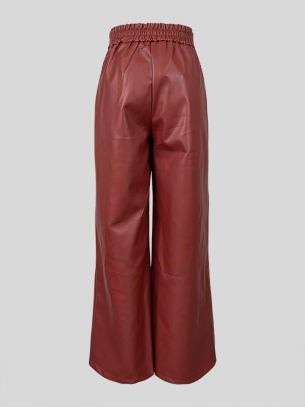 Women's Solid Color Buckle Pocket High Waist Wide Leg PU Leather Pants, Fashion Casual Trousers for Daily Outdoor Wear, Ladies Bottoms for All Seasons